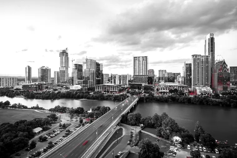The Austin skyline and the Congress Avenue Bridge over Lady Bird Lake in Austin, Texas