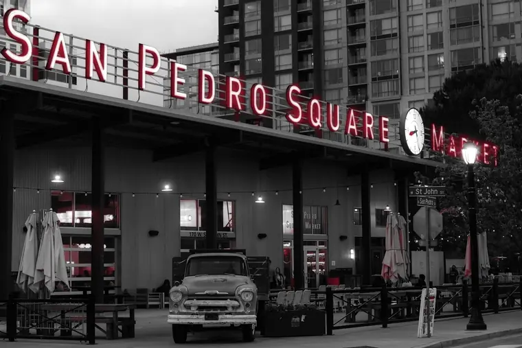 The San Pedro Square Market neon sign in downtown San Jose, California