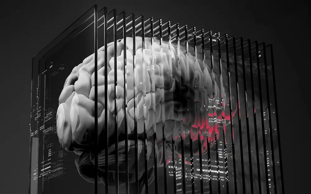 A digital rendering of a brain seen through layered glass panels, representing artificial intelligence systems under review