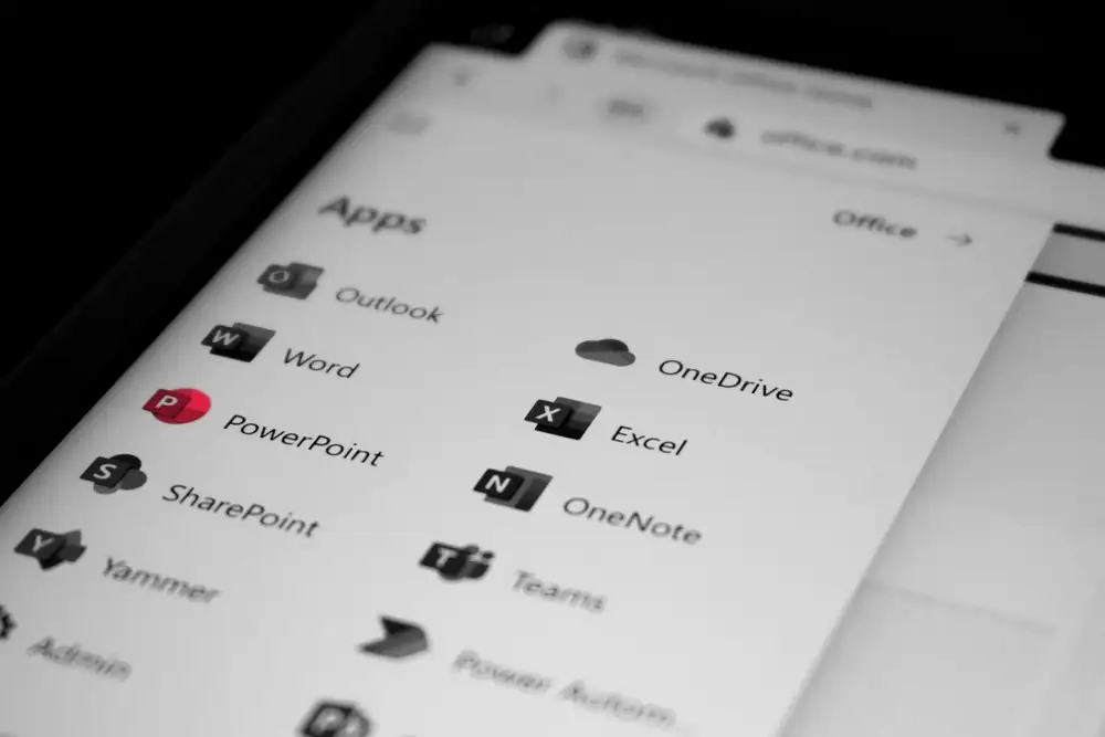 The Microsoft 365 app launcher showing Outlook, Word, SharePoint, Teams, and OneDrive, the workloads a Microsoft 365 security audit reviews