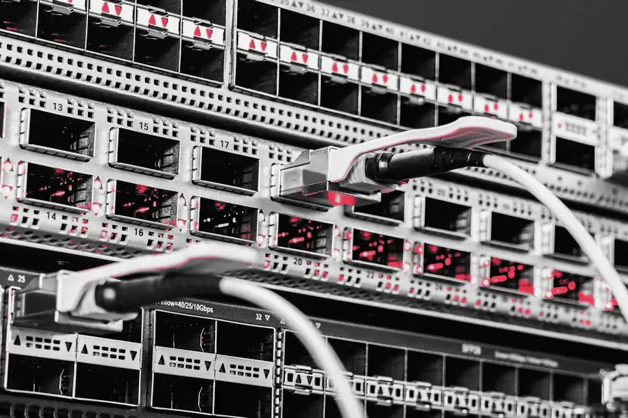 Fiber cables plugged into the ports of a rack-mounted network switch, the equipment a network security audit reviews
