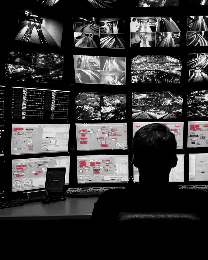An operator facing a wall of monitors with alerts highlighted, the kind of detection a red team exercise puts to the test