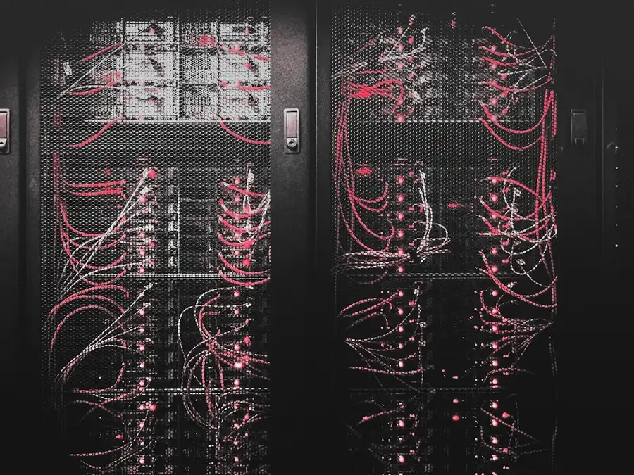 Server racks with network cabling in a data center, the systems ransomware tries to reach and encrypt